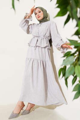 Pazarium - Bel Tünelli Fırfırlı Etekli İkili Takım Gri