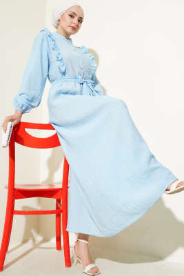 Pazarium - Bel Lastikli Fırfırlı Düğmeli Elbise Mavi