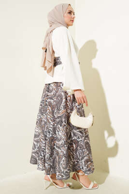 Etnik Desenli Kuşaklı Etekli İkili Takım Füme - Thumbnail