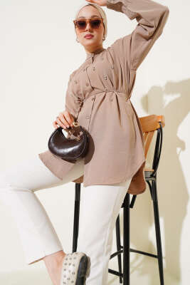 Pazarium - İp Kuşaklı Taşlı Gömlek Vizon