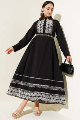 Pazarium - Etnik Nakış Detaylı Elbise Siyah