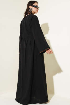 Önü Nakışlı Kloş Elbise Siyah - Thumbnail