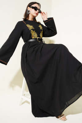 Önü Nakışlı Kloş Elbise Siyah - Thumbnail