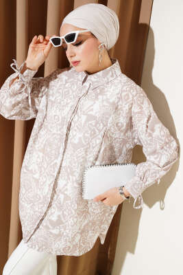 Pazarium - Desenli Bilek Bağcıklı Gömlek Bej