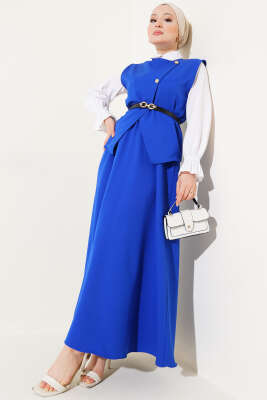 Pazarium - Çapraz Gold Düğmeli Etekli İkili Takım Saks