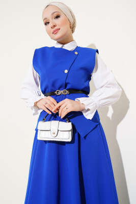 Çapraz Gold Düğmeli Etekli İkili Takım Saks - Thumbnail