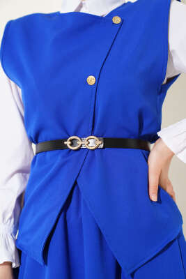 Çapraz Gold Düğmeli Etekli İkili Takım Saks - Thumbnail