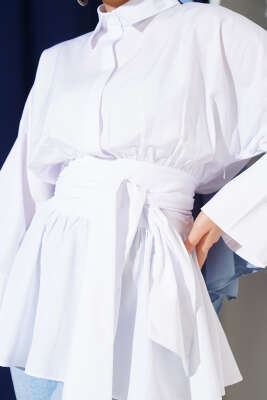 Büzgülü Kendinden Kuşaklı Tunik Beyaz - Thumbnail