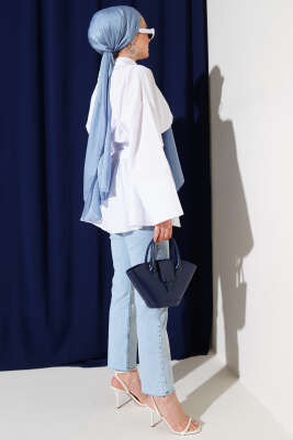 Büzgülü Kendinden Kuşaklı Tunik Beyaz - Thumbnail