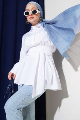 Büzgülü Kendinden Kuşaklı Tunik Beyaz - Thumbnail