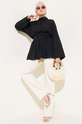 Büzgülü Kendinden Kuşaklı Tunik Siyah - Thumbnail