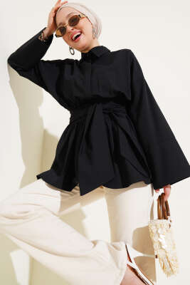 Büzgülü Kendinden Kuşaklı Tunik Siyah - Thumbnail