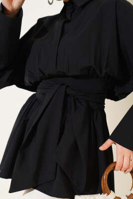 Büzgülü Kendinden Kuşaklı Tunik Siyah - Thumbnail