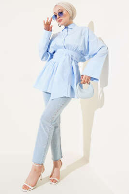 Büzgülü Kendinden Kuşaklı Tunik Bebe Mavi - Thumbnail