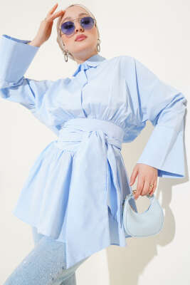 Büzgülü Kendinden Kuşaklı Tunik Bebe Mavi - Thumbnail