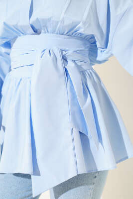 Büzgülü Kendinden Kuşaklı Tunik Bebe Mavi - Thumbnail