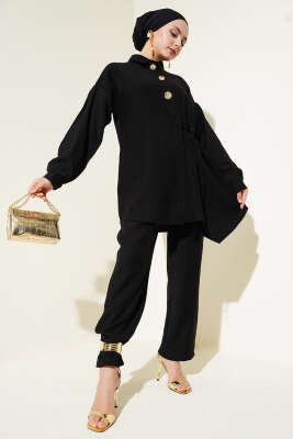 Pazarium - Gold Düğmeli İp Detaylı İkili Takım Siyah