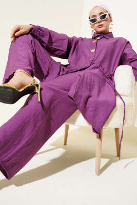 Pazarium - Gold Düğmeli İp Detaylı İkili Takım Magenta