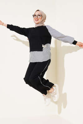 Pazarium - Loyşa Çizgi Garnili Tunik İkili Takım Siyah