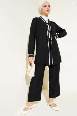 Pazarium - Zigzag Detaylı Bağcıklı İkili Takım Siyah