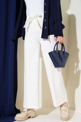 Pazarium - Kendinden Kuşaklı Dabıl Pantolon Beyaz