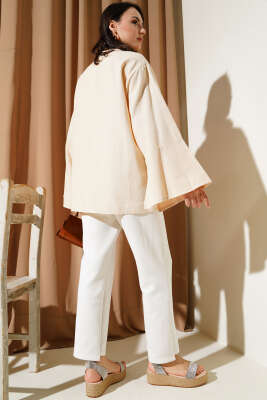 Önü Bağcıklı Geniş Kol Kimono Bej - Thumbnail