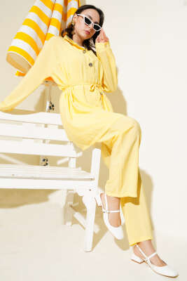 Pazarium - Önü Fermuarlı Kuşaklı İkili Takım Sarı