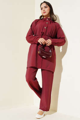 Pazarium - Önü Fermuarlı Kuşaklı İkili Takım Bordo