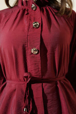 Önü Fermuarlı Kuşaklı İkili Takım Bordo - Thumbnail