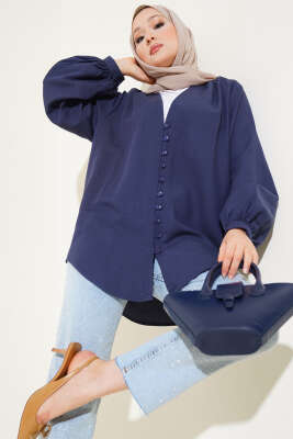 Pazarium - Brit Düğmeli Gömlek Lacivert