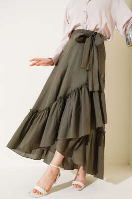 Kendinden Kuşaklı Çingene Etek Haki - Thumbnail