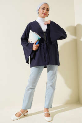 Önü Bağcıklı Geniş Kol Kimono Lacivert - Thumbnail