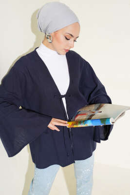 Önü Bağcıklı Geniş Kol Kimono Lacivert - Thumbnail