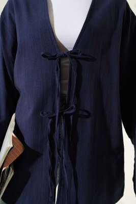 Önü Bağcıklı Geniş Kol Kimono Lacivert - Thumbnail