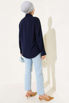Çift Düğme Manşetli Şifon Gömlek Lacivert - Thumbnail