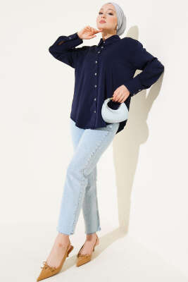 Çift Düğme Manşetli Şifon Gömlek Lacivert - Thumbnail