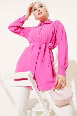 Pazarium - Fırfırlı Bebe Yaka Kuşaklı Gömlek Fuşya