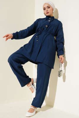 Pazarium - Önü Fermuarlı Kuşaklı İkili Takım Lacivert