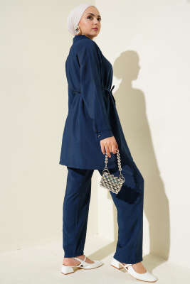 Önü Fermuarlı Kuşaklı İkili Takım Lacivert - Thumbnail