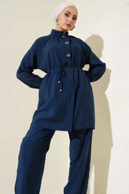 Önü Fermuarlı Kuşaklı İkili Takım Lacivert - Thumbnail