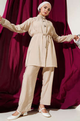 Pazarium - Önü Fermuarlı Kuşaklı İkili Takım Bej