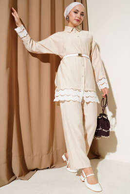Pazarium - Fisto Detaylı Tunik İkili Takım Bej