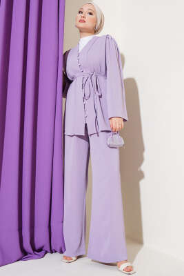 Pazarium - Brit Düğmeli İp Kuşaklı Tunik İkili Takım Lila