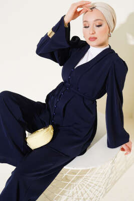 Pazarium - Brit Düğmeli İp Kuşaklı Tunik İkili Takım Lacivert