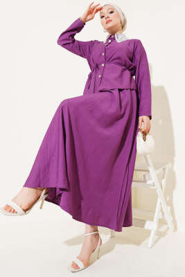 Pazarium - Dantel Yaka Etekli İkili Takım Magenta