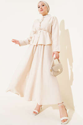 Pazarium - Dantel Yaka Etekli İkili Takım Bej