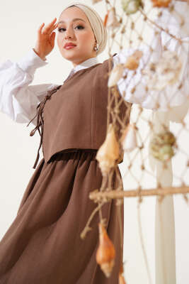 Yandan Bağcıklı Etekli Yelekli Takım Kahve - Thumbnail