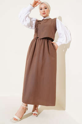 Yandan Bağcıklı Etekli Yelekli Takım Kahve - Thumbnail