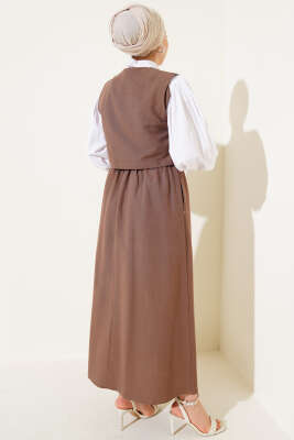 Yandan Bağcıklı Etekli Yelekli Takım Kahve - Thumbnail