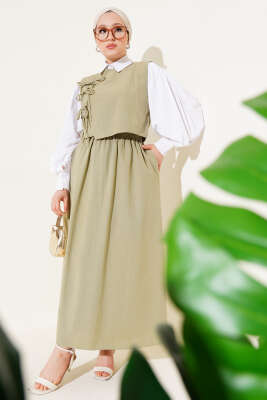 Yandan Bağcıklı Etekli Yelekli Takım Çağla Yeşili - Thumbnail